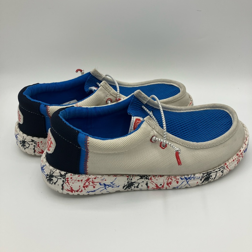 Hey Dude Blue and White Moccasins with Artistic Design